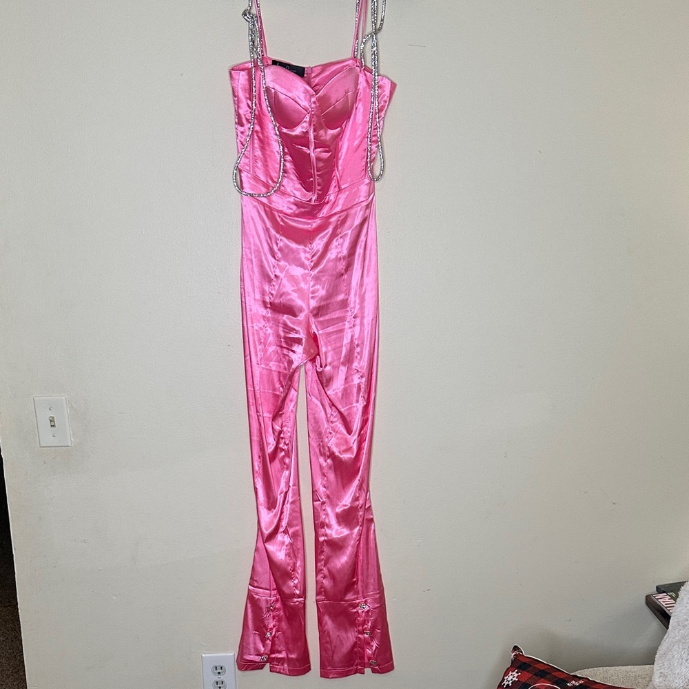 Pink Satin Jumpsuit with Chain Straps